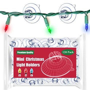 Miuezuth Mini Christmas Light Suction Cups [Set of 120] Small Holiday Light String Hooks Holders, Cl...