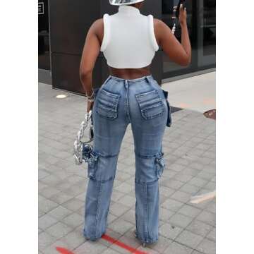 Vaceky Stretch Cargo Jeans Women Straight Leg Side Zipper Slit Denim Y2K Pants with Pockets