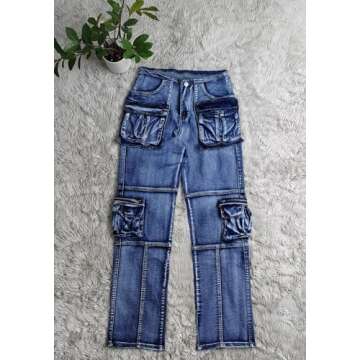 Vaceky Stretch Cargo Jeans Women Straight Leg Side Zipper Slit Denim Y2K Pants with Pockets