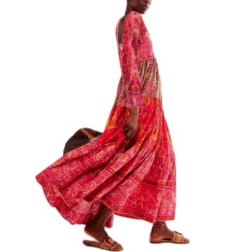 Women Spring Dresses Flowy Smocked Maxi Dress Long Sleeve Square Neck Boho Dresses Y2k Floral Party ...