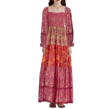 Women Spring Dresses Flowy Smocked Maxi Dress Long Sleeve Square Neck Boho Dresses Y2k Floral Party Sundresses, Red, Small