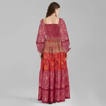 Women Spring Dresses Flowy Smocked Maxi Dress Long Sleeve Square Neck Boho Dresses Y2k Floral Party Sundresses, Red, Small