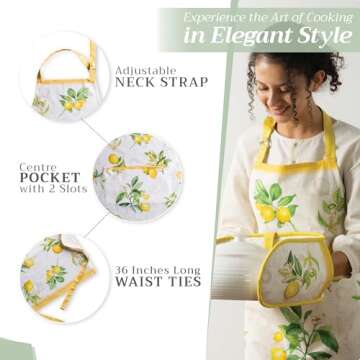 Maison d' Hermine Apron for women with Pocket 100% Cotton 27.50"x31.50" 1 Piece Adjustable Neck Strap & long ties Apron Men, Chef, Wedding, Cooking - Easter decorations Spring/Summer (Limoncello)
