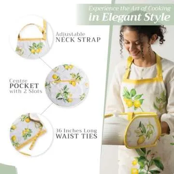 Maison d' Hermine Apron for women with Pocket 100% Cotton 27.50"x31.50" 1 Piece Adjustable Neck Strap & long ties Apron Men, Chef, Wedding, Cooking - Easter decorations Spring/Summer (Limoncello)