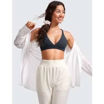 CRZ YOGA Butterluxe Deep V-Neck Sports Bras for Women - Spaghetti Strap Criss Cross Padded Top Low Coverage Wireless Yoga True Navy Small