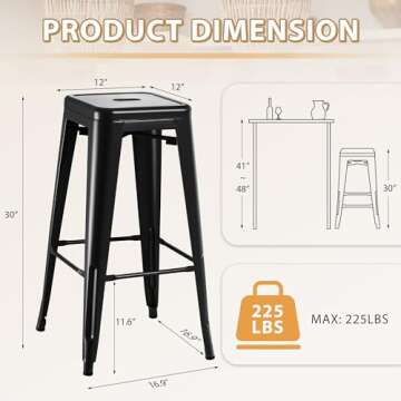 Furmax 30 Inches Metal Bar Stools Bar Height High Backless Stools Indoor Outdoor Stackable Kitchen Stools Set of 4 (Dark Black)