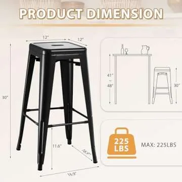 Furmax 30 Inches Metal Bar Stools Bar Height High Backless Stools Indoor Outdoor Stackable Kitchen Stools Set of 4 (Dark Black)