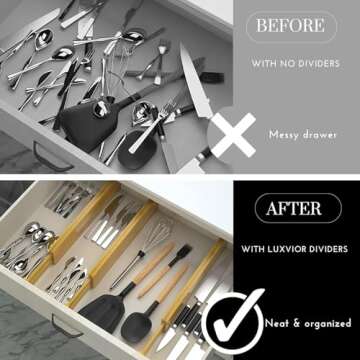 LUXVIOR Expandable Bamboo Drawer Dividers 8 pack with labels(17.5"-22") Drawer Organizer for Kitchen, Clothes,Utensils,Silverware,Dresser,Office,Desk,Bathroom