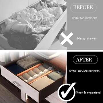 LUXVIOR Expandable Bamboo Drawer Dividers 8 pack with labels(17.5"-22") Drawer Organizer for Kitchen, Clothes,Utensils,Silverware,Dresser,Office,Desk,Bathroom