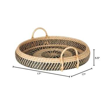 KOUBOO Round Rattan Serving Breakfast Tray, Coffee Table Decor, Ottoman Tray, Farmhouse, Kitchen, Dining Room Tray, Decorative Tray for Living Room, Wicker, Rattan Tray, Natural-Black
