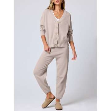 ANRABESS Women 2 Piece Outfits Waffle Knit Long Sleeve Cardigan Set Casual Sweater Pants Lounge Sets 2024 Fall Clothes Beige Small