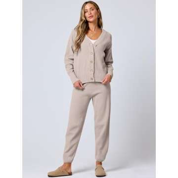 ANRABESS Women 2 Piece Outfits Waffle Knit Long Sleeve Cardigan Set Casual Sweater Pants Lounge Sets 2024 Fall Clothes Beige Small