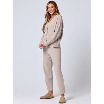 ANRABESS Women 2 Piece Outfits Waffle Knit Long Sleeve Cardigan Set Casual Sweater Pants Lounge Sets 2024 Fall Clothes Beige Small