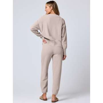 ANRABESS Women 2 Piece Outfits Waffle Knit Long Sleeve Cardigan Set Casual Sweater Pants Lounge Sets 2024 Fall Clothes Beige Small