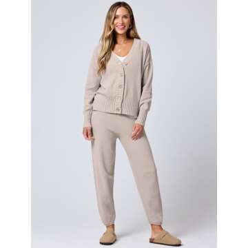 ANRABESS Women 2 Piece Outfits Waffle Knit Long Sleeve Cardigan Set Casual Sweater Pants Lounge Sets 2024 Fall Clothes Beige Small