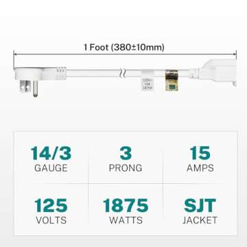 FIRMERST 1Ft Low Profile Flat Plug Extension Cord, 14 AWG 15A, 1875W, White