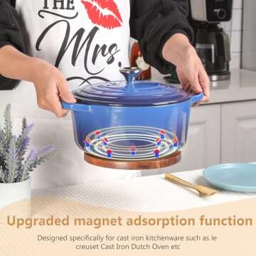 Stylish Magnetic Wooden Trivet for Le Creuset Dutch Oven - Acacia Wood with Silicone Rings