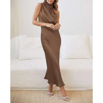 BTFBM Women's Sleeveless Cocktail Dresses Mock Neck Keyhole Elastic High Waist Wedding Guest Evening Party Maxi Dress(Solid Khaki, Small)