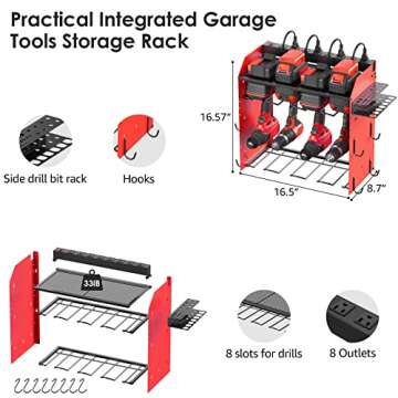 CCCEI Modular Power Tool Organizer Wall Mount Charging Station, Red 8 Cord-less Drills Gun Holder wi...