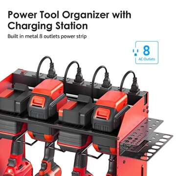 CCCEI Modular Power Tool Organizer Wall Mount Charging Station, Red 8 Cord-less Drills Gun Holder with Strip, Garage Shop Drill Battery Tools Shelf, Utility Rack Hooks, Side Storage. 6FT Cord