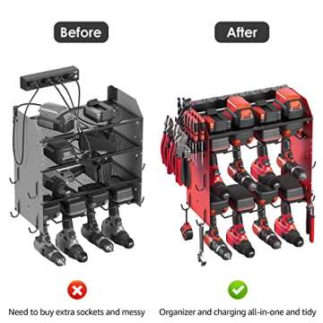 CCCEI Modular Power Tool Organizer Wall Mount Charging Station, Red 8 Cord-less Drills Gun Holder with Strip, Garage Shop Drill Battery Tools Shelf, Utility Rack Hooks, Side Storage. 6FT Cord