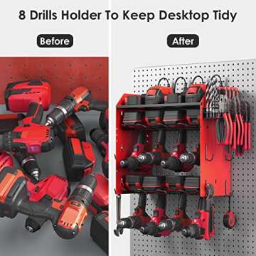 CCCEI Modular Power Tool Organizer Wall Mount Charging Station, Red 8 Cord-less Drills Gun Holder with Strip, Garage Shop Drill Battery Tools Shelf, Utility Rack Hooks, Side Storage. 6FT Cord
