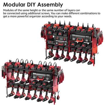 CCCEI Modular Power Tool Organizer Wall Mount Charging Station, Red 8 Cord-less Drills Gun Holder with Strip, Garage Shop Drill Battery Tools Shelf, Utility Rack Hooks, Side Storage. 6FT Cord
