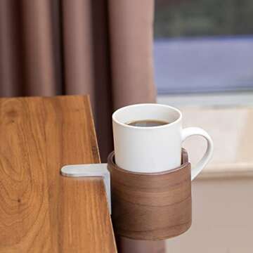 urbanplus Desk Cup Holder, Anti-Spill Walnut Wood Cup Holder for Desk with Aluminium Clamp, Office Desk Accessories, Gaming Desk Accessories, Computer Desk Accessories