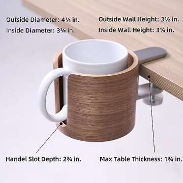 urbanplus Desk Cup Holder, Anti-Spill Walnut Wood Cup Holder for Desk with Aluminium Clamp, Office Desk Accessories, Gaming Desk Accessories, Computer Desk Accessories