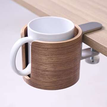 urbanplus Desk Cup Holder, Anti-Spill Walnut Wood Cup Holder for Desk with Aluminium Clamp, Office Desk Accessories, Gaming Desk Accessories, Computer Desk Accessories