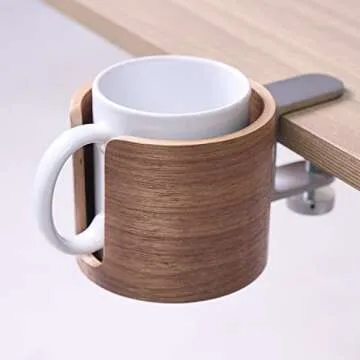 urbanplus Desk Cup Holder, Anti-Spill Walnut Wood Cup Holder for Desk with Aluminium Clamp, Office Desk Accessories, Gaming Desk Accessories, Computer Desk Accessories