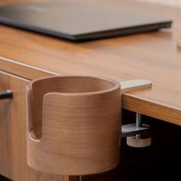 urbanplus Desk Cup Holder, Anti-Spill Walnut Wood Cup Holder for Desk with Aluminium Clamp, Office Desk Accessories, Gaming Desk Accessories, Computer Desk Accessories