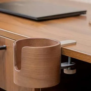 urbanplus Desk Cup Holder, Anti-Spill Walnut Wood Cup Holder for Desk with Aluminium Clamp, Office Desk Accessories, Gaming Desk Accessories, Computer Desk Accessories