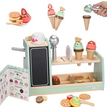 Giant Bean Wooden Ice Cream, Coffee and Frozen Treat 3-in-1 Counter Playset, 25 PCS Toddler Pretend ...