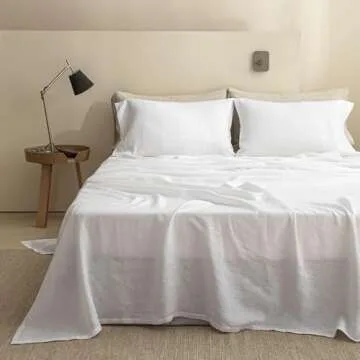 Simple&Opulence 100% Linen Sheets Full Size Set, 4 Pcs Natural French Linen Bed Sheets, Breathable S...