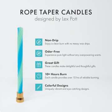 Rope Candles (2 Pack) - Joyful Spiral Design Taper Candlesticks | Bright Colors | 7/8” diam x 11” Length | Designed by Lex Pott | Made in USA (Mint)