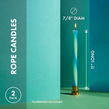 Rope Candles (2 Pack) - Joyful Spiral Design Taper Candlesticks | Bright Colors | 7/8” diam x 11” Length | Designed by Lex Pott | Made in USA (Mint)
