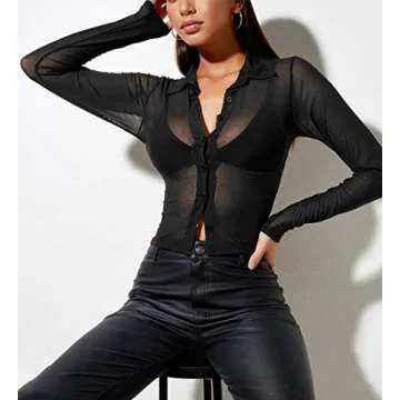 SAFRISIOR Women's Sexy Sheer Mesh Button Down Tie Dye Crop Shirts Long Sleeve Lapel Neck Crop Tee Top Black