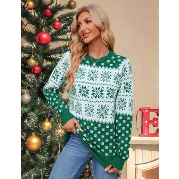NECIOUS Womens Ugly Christmas Sweater 2024 Christmas Sweaters for Women Funny Snowflake Long Sleeve Knitted Xmas Pullover Green Christmas Tops L