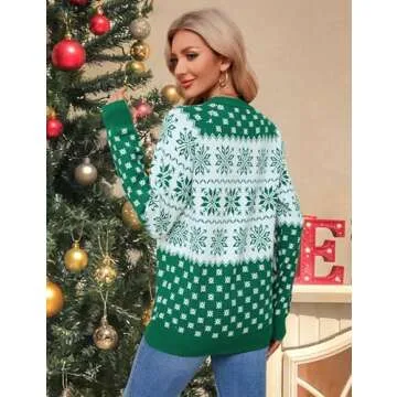 NECIOUS Womens Ugly Christmas Sweater 2024 Christmas Sweaters for Women Funny Snowflake Long Sleeve Knitted Xmas Pullover Green Christmas Tops L