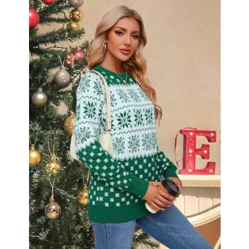 NECIOUS Womens Ugly Christmas Sweater 2024 Christmas Sweaters for Women Funny Snowflake Long Sleeve Knitted Xmas Pullover Green Christmas Tops L