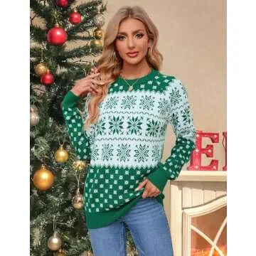 NECIOUS Womens Ugly Christmas Sweater 2024 Christmas Sweaters for Women Funny Snowflake Long Sleeve Knitted Xmas Pullover Green Christmas Tops L