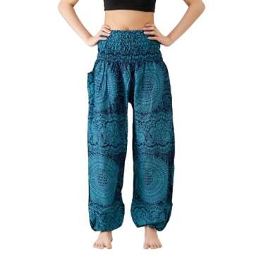 B BANGKOK PANTS Harem Pants Women Boho Clothes with Pocket (Blossom Blue, One Size)