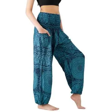 B BANGKOK PANTS Harem Pants Women Boho Clothes with Pocket (Blossom Blue, One Size)