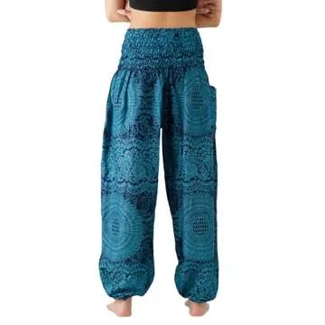 B BANGKOK PANTS Harem Pants Women Boho Clothes with Pocket (Blossom Blue, One Size)
