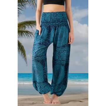 B BANGKOK PANTS Harem Pants Women Boho Clothes with Pocket (Blossom Blue, One Size)