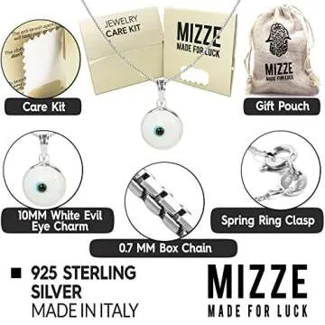 White Glass Evil Eye Necklace in 925 Sterling Silver 20 Inch