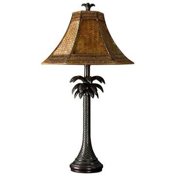 Collective Design Tropical Palm Tree Steel Table Lamp with Rattan Shade