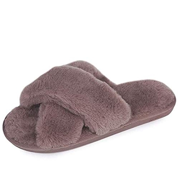 HUMIWA Coffe Cross Slippers Fuzzy Fluffy Faux Fur House SPA Cute Open Toe Slippers for Women 10.5-11...