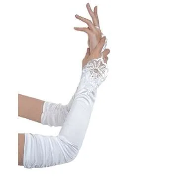 JISEN Women 20s Satin gloves Formal Bridal Banquet Party Wedding Opera Colorful Mitten Fingerless 16.7 Inch White